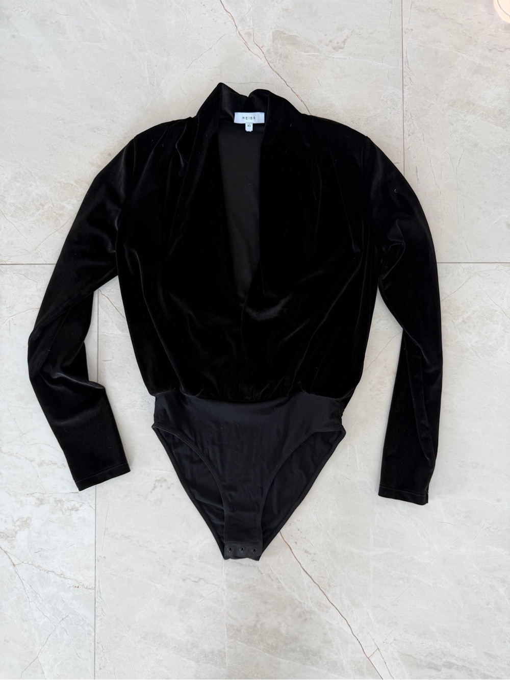 Reiss Black Velvet Long Sleeve Bodysuit with Deep V